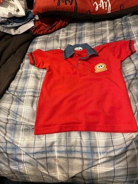 Boys Red Polo with Contrast Denim Collar and Chest Emblem